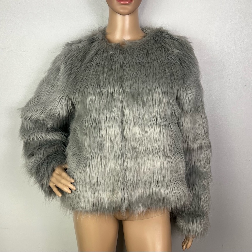 H&M GRAY SHORT FAUX FUR JACKET - Picture 4 of 7